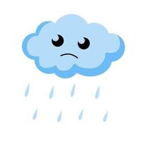 Sad cloud with rain. Kawaii character. Blue object of sky. Symbol of cloudy weather, water drop. Mascot of weather forecast. Flat cartoon vector