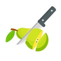 Pear. Sliced green fruit. Kitchen knife. vector