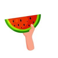 Hand hold watermelon. Piece of sliced fruit. vector