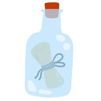 Message in bottle. Letter and pirate note. Blue glass. Cartoon illustration isolated on white vector