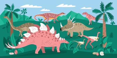 Dinosaurs In Jungle Composition vector