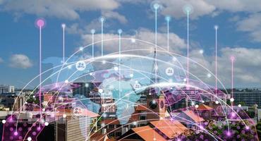 Double exposure of Modern metropolis with buildings and skyscrapers, as well as a social connection concept, the internet of things, and the concept of a satellite navigation system photo