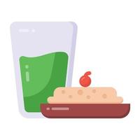 Cake with drink, flat icon of a meal vector