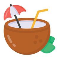 Coconut drink in flat style icon, summer beverage vector