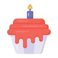 Dessert with candle denoting flat icon of birthday cupcake vector