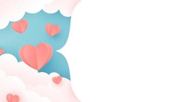 Valentines day banner design. Vector paper cut background with hearts, fluffy clouds. Vector Illustration.