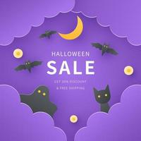 Halloween banner in paper cut style. Halloween sale banner background. Design for advertising, background, banner, social media, poster, flyer. Vector illustration.