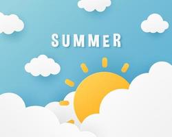 Summer banner background. Fluffy clouds and sun on blue sky background. Paper cut style. Vector illustration.