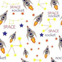 space seamless pattern with one rocket and flame from running engine, stars and constellations and the slogan SPACE, ROCKET. starry sky with cosmic elements. Fashionable vector hand-drawn, eps 10