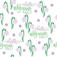 Seamless spring pattern of first spring flowers, primrose with purple circles, inscription HELLO SPRING. easter, delicate spring flowers with leaves. for gift packages, fabrics, napkins, vector eps 10