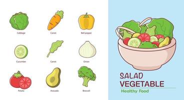 Cute vegetables cartoon elements and salad bowl isolated on green background. vector
