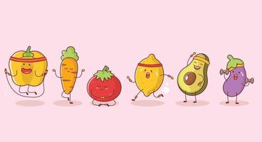 Lindos y divertidos personajes de dibujos animados de verduras entrenan y hacen ejercicios aislados en un fondo de color pastel. vector