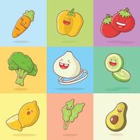 Cute vegetables cartoon characters set isolated on color pastel background. vector