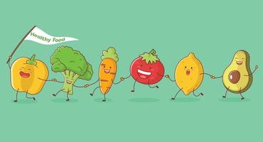 Cute funny vegetables Characters go hand in hand after each other.  isolated on color pastel background. vector