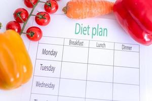 A diet plan on a piece of paper, next to vegetables. photo