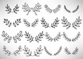 Black thin line wreath of hand drawn branches and leaves isolated on white background. Floral round frame. Laurel. vector