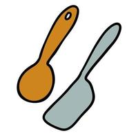 Cartoon doodle spatula and table spoon isolated on white background. vector