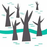 bosque cubierto de nieve, árboles desnudos en el bosque de invierno con carretera. estilo plano vector