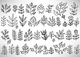 Big Floral Set of black hand drawn flowers, bushes, leaves, branches isolated on white. Collection of flourish elements for design. vector