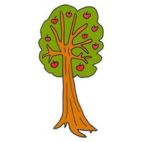 Cartoon doodle apple tree isolated on white background. Fruit tree in childlike style. vector