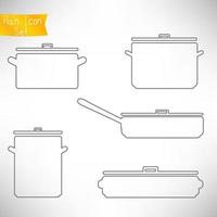 Set of thin line icons of pans to cook different dishes. Pans and pots collection isolated on white. vector