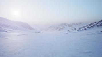 Aerial Landscape of snowy mountains and icy shores in Antarctica photo