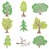 Hand drawn tree collection. Set of green trees silhouettes isolated on white background. vector