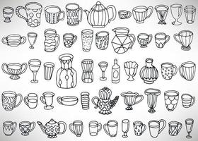 juego de garabatos negros de platos dibujados a mano, tazas, teteras, vasos, jarrones aislados en blanco. colección de elementos de utensilios de cocina para el diseño. vector