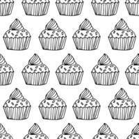 lindo cupcake dibujado a mano de patrones sin fisuras. pastel de contorno de línea fina negra sobre fondo blanco. libro para colorear para adultos página. vector