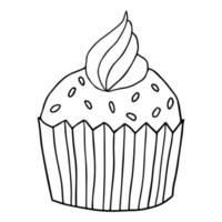 Cute hand drawn cupcake icon. Cake of black thin line contour isolated on white background. Design element for coloring book for adults. vector