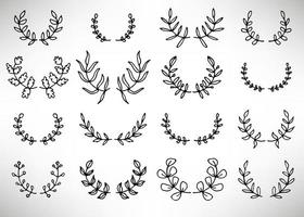 Black thin line wreath of hand drawn branches and leaves isolated on white background. Floral round frame. Laurel. vector