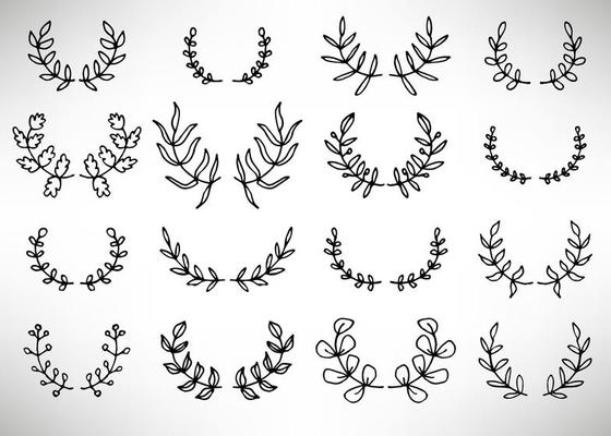 Black thin line wreath of hand drawn branches and leaves isolated on white background. Floral round frame. Laurel.