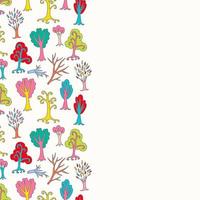 Colorful seamless leaflet with cartoon trees and branches with empty space. Hand drawn forest background. Cartoon woodland. The best for design textile fabric paper, wallpaper, kids. Wrapping. vector