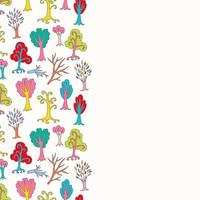 Colorful seamless leaflet with cartoon trees and branches with empty space. Hand drawn forest background. Cartoon woodland. The best for design textile fabric paper, wallpaper, kids. Wrapping. vector