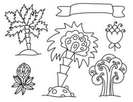 conjunto de plantas tropicales, objetos de contorno vectorial, dibujos de garabatos vectoriales negros aislados en fondo blanco vector