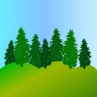 Spruce tree card with the hills and the blue sky. vector