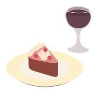 Cake on the plate with filling, cream and berries and a glass of red wine vector