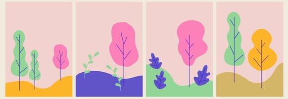 Landscape cards with trees in minimalism, flat style, backgrounds. vector