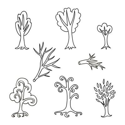 Colorful doodle set of different trees and branches. Hand drawn infinity forest collection. Cartoon woodland. The best for design, textile, fabric, wrapping paper, kids.