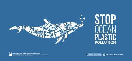 Concept of Stop ocean plastic pollution, Ocean environmental problem, marine animal dolphin composed by plastic litters, World Ocean Day vector