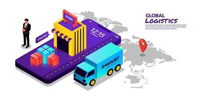 Global logistic concept, online delivery service in isometric design vector