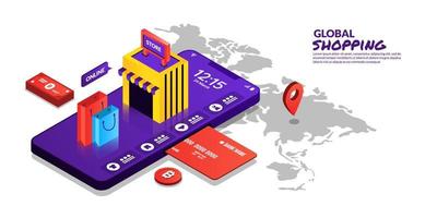 Global online shopping concept, digital payments in isometric design vector
