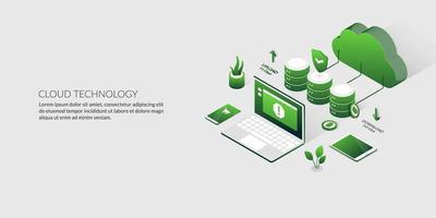 Computación en la nube 3d y almacenamiento de datos, fondo de tecnología de servidor de alojamiento isométrico vector