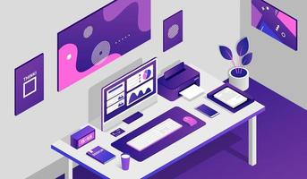 Working space room background with isometric elements vector