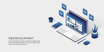 Web development and user interface design concept, isometric website development background vector