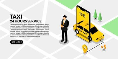 hombre de negocios que usa un taxi de reserva de teléfonos inteligentes, concepto de servicio de taxi en línea isométrico vector