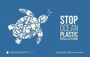 Concept of Stop ocean plastic pollution, Ocean environmental problem, marine animal turtle composed by plastic litters, World Ocean Day vector