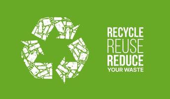 Recycle icon sign composed by plastic waste isolated on green background, Concept of recycle reuse reduce for ecological, zero waste and sustainability vector