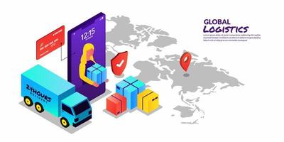 Global logistic concept, online delivery service in isometric design vector