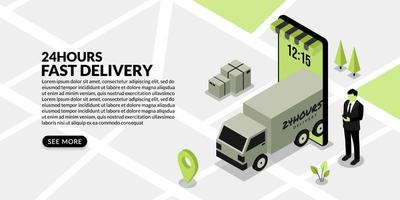 Businessman using online order application, Fast delivery service in sometric design vector
